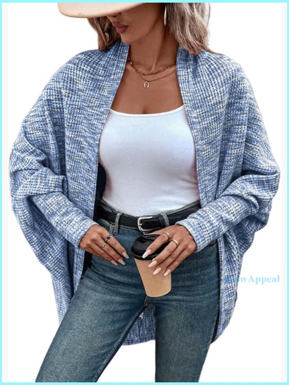 Waffle Knit Cardigan Sweater Batwing Sleeves Open Front Long Length